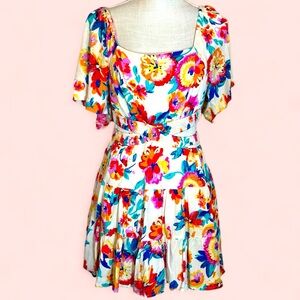 BaeVely size Sm vibrant floral mini dress cropped puffed shirt ruffle skirt NWOT